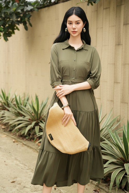 Sixdo Moss Green Linen Flared Dress